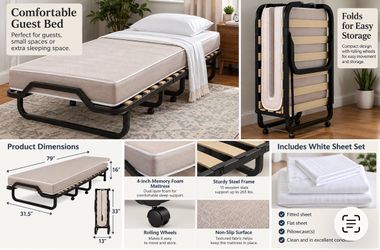 Folding Guest Bed with 4” Memory Foam Mattress + White Sheets – Excellent Condition