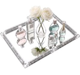 Mirror Glass Vanity Tray for Bathroom Dresser -Silver Crushed Diamond Decorative Trays for Perfume Jewelry Organizer, Rectangular Coffee Table Tray f