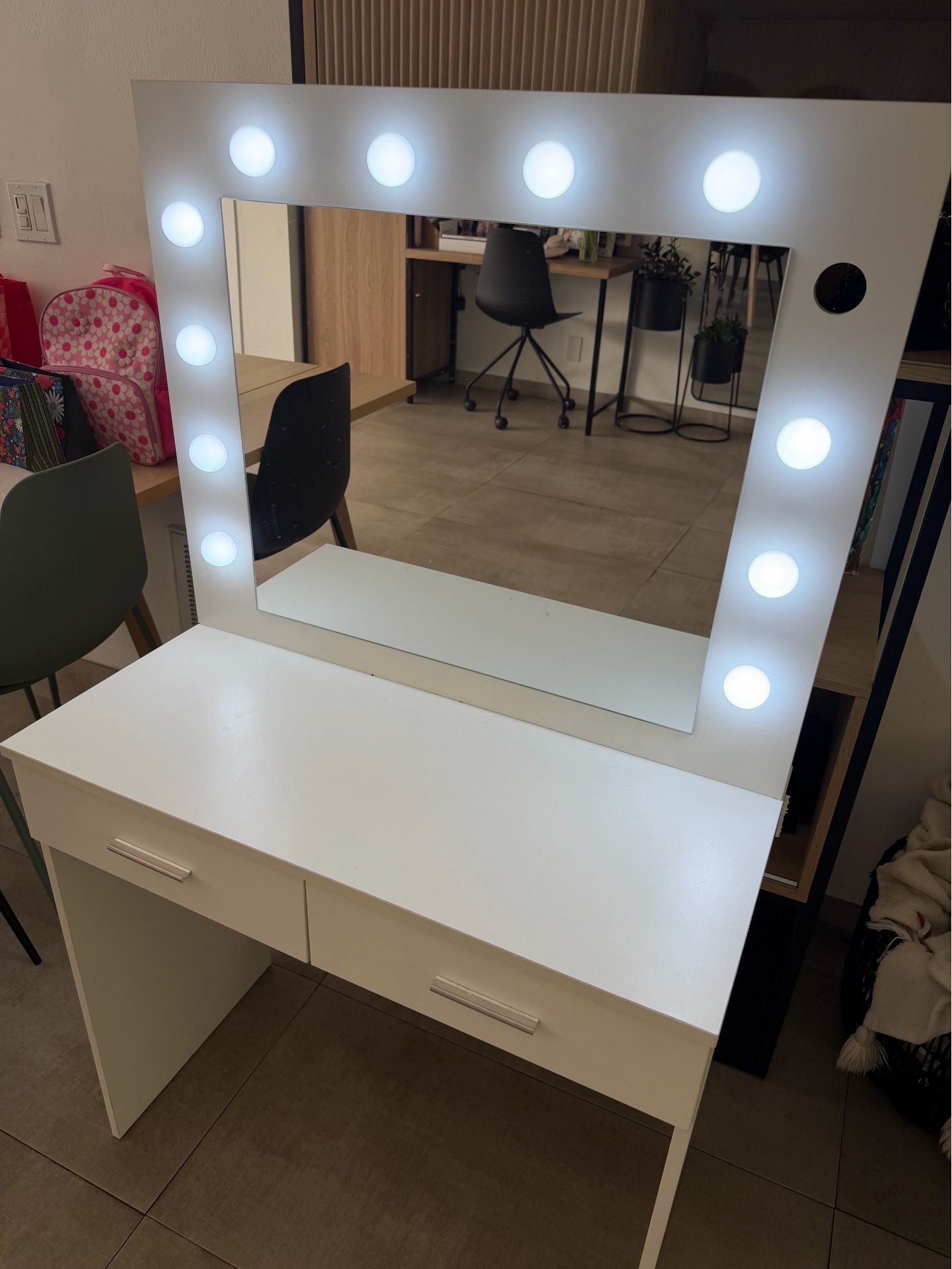 White Makeup Vanity With Mirror, 2 Drawers and LED Lighted