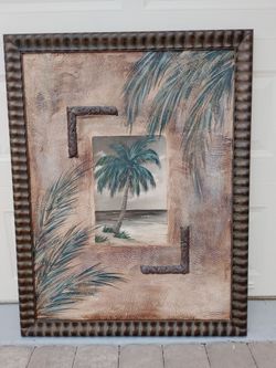 46H 35W Textured background painting framing a center Palm tree. Solid wood ornate dark frame.