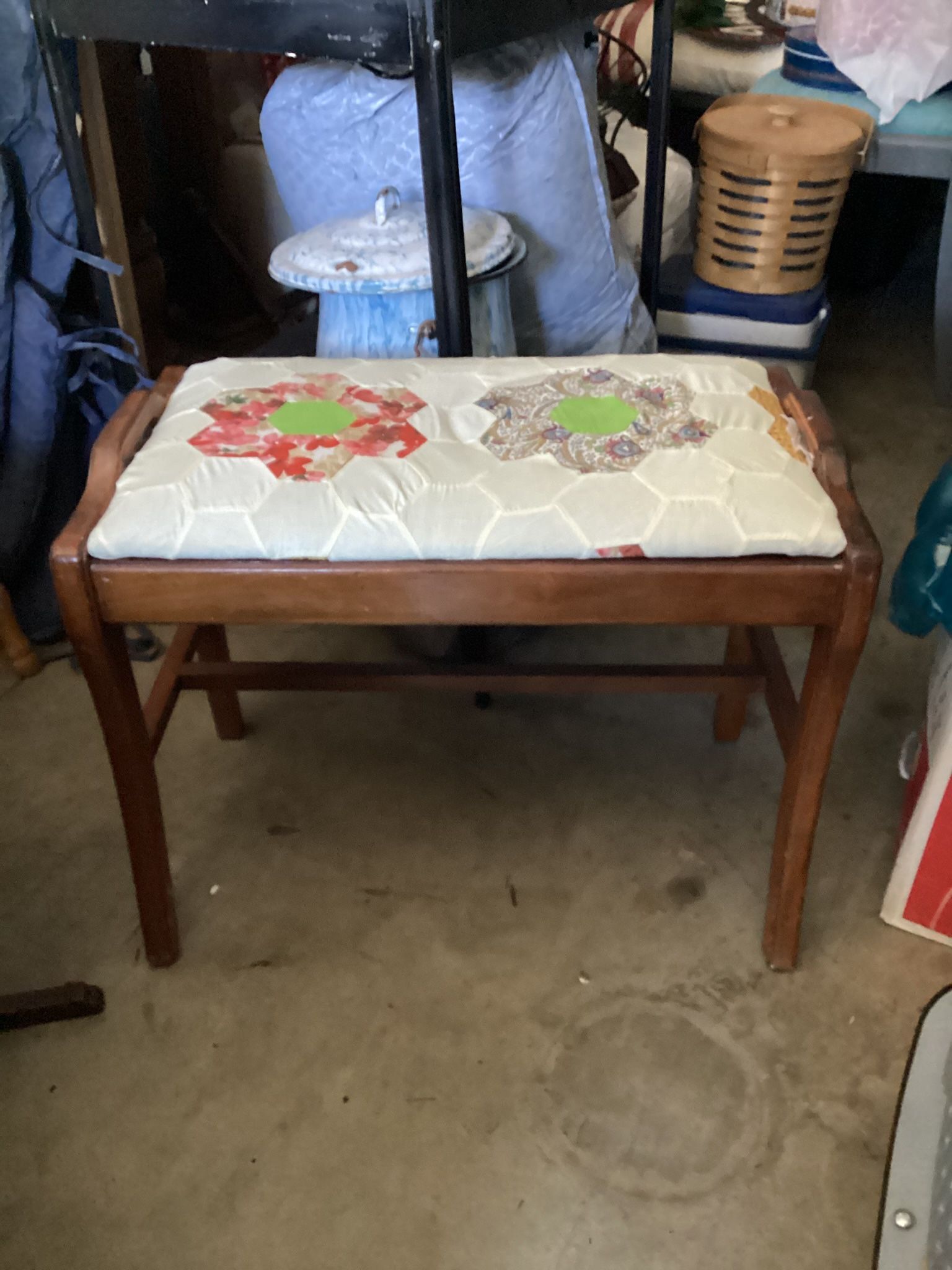 ANTIQUE BENCH W QUILT FABRIC