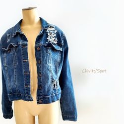 Jessica Simpson Distressed Blue Denim Crop Jacket Jean Stretchy XL