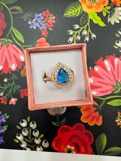Gold-Tone Blue Pear Stone Halo Ring