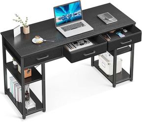 Office Small Computer Desk: Home Table with Fabric Drawers & Storage Shelves, Modern Writing Desk, Black, 48"x16"