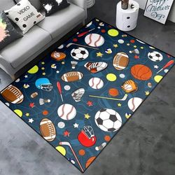 Sports Balls Rug, Sports Rugs for Boys Bedroom Kids Navy Blue Football Basketball Carpet Soccer Room Decor for Boys 2.5x4 Feet