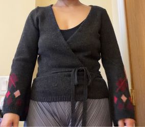 Dark Gray Wrap Knit Sweater with Argyle Cuffs