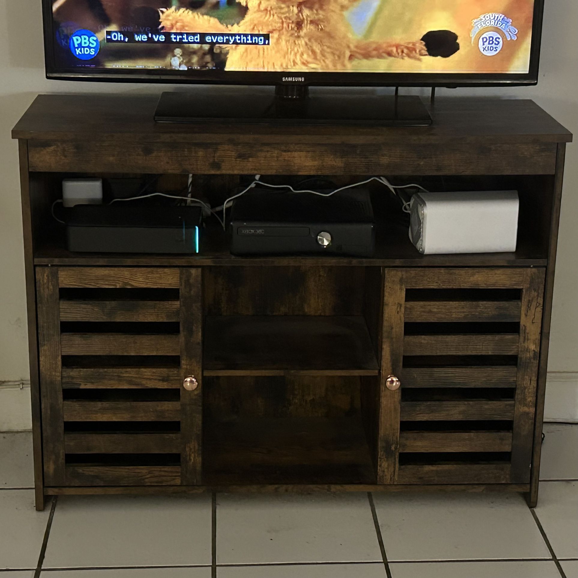 Faux Wood TV Stand With Shelves And Cabinets