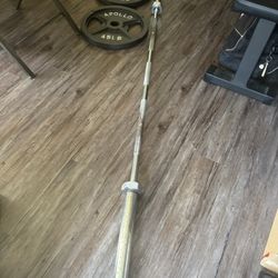 7 Ft 45 Lb IRON GRIP Barbell ( Missing One End Cap As Shown In The Second Photo But Does Not Effect The Bar ) Also Includes 2x45 Lb Weights 