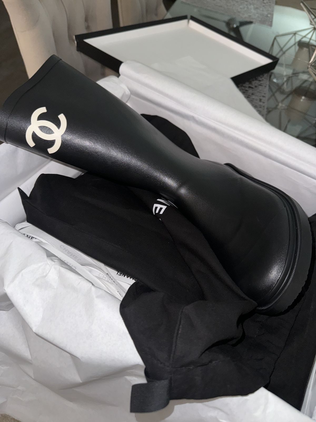 Chanel 22K Black White Caoutchouc CC Logo High Pull On Rubber Rain Boots 36