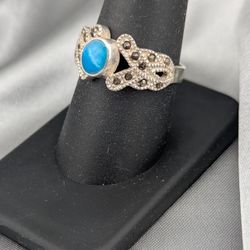 925 STERLING SILVER Simulated Turquoise Marcasite Ring SIZE 8.5