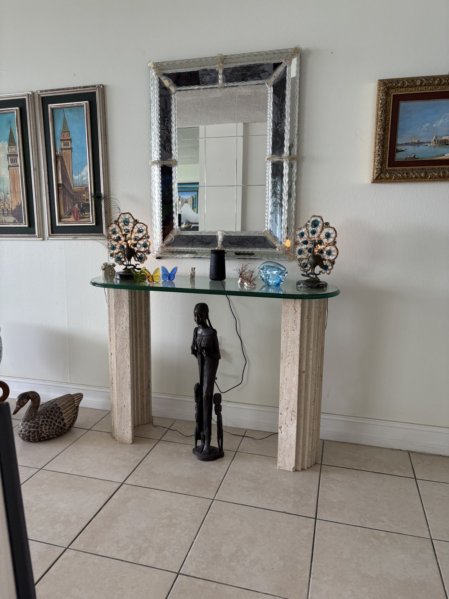 Travertine Marble Console Table with Beveled Glass Top 32” H × 47” L × 16” W //   Authentic Venetian Murano Mirror  38” H × 36” W