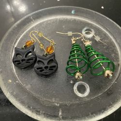 Set of Earrings . Cat Face Drop and Christmas Tree Dangle Swirl