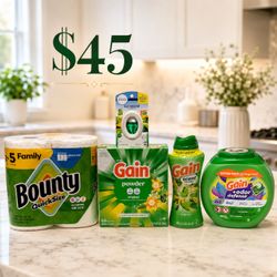 Gain Pods, Powder, Scented Beads, Bounty Paper Towels and Febreze Small Spaces Bundle