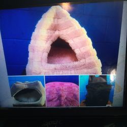 DOG CAT PYRAMID BED PINK $15 - GREY $15 -CARPET $5 -BACK PACK CARRIER $10