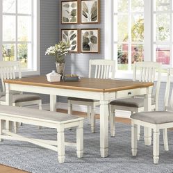 Farmhouse Antique White Finish Base Dining Table Chair Set
