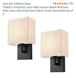 YUBOLE Industrial Linen Wall Sconces Black Bedroom Wall Lamp with Khaki Slub Fabric Shade Dimmable Set of 2