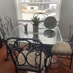 Glass And Metal Dining Set Table With 4 Chairs (Cushions, Black, Gold) 