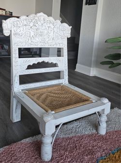 Vintage low wood chair with Woven seat