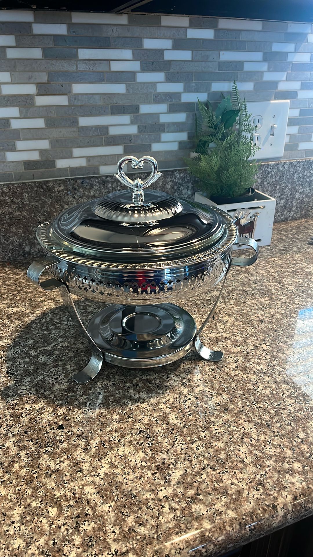 Vintage Silver Candle Chafing Dish with 1.5 Quart Anchor Hocking Casserole Dish