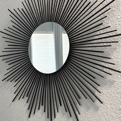 Handmade Wrought Iron Black Sunburst Round Mirror 27.5” In Diameter. The center circle is 8”