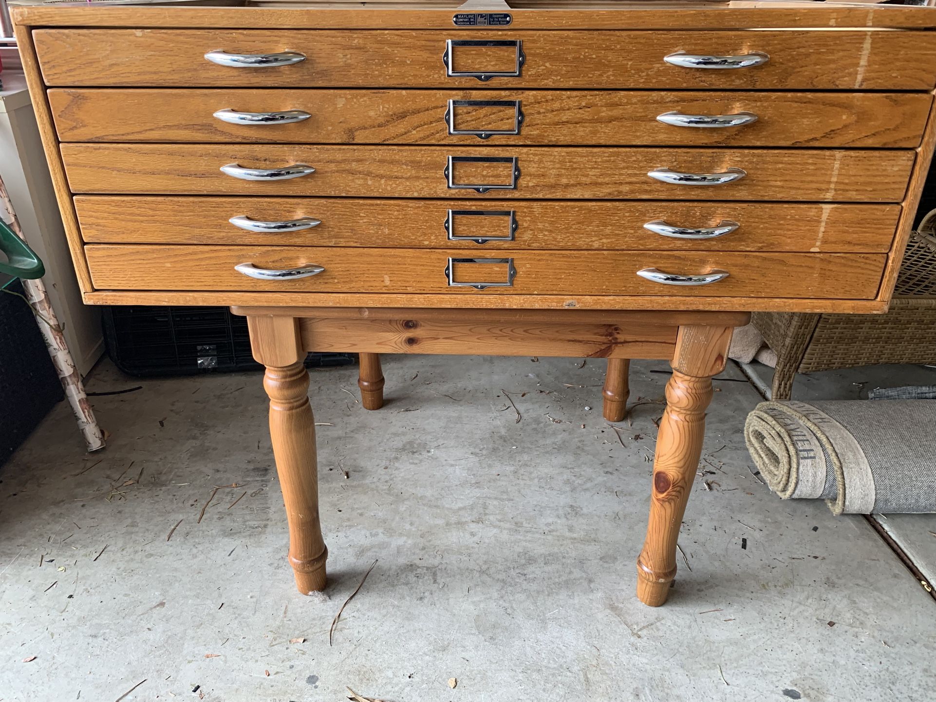 Vintage Mayline Wooden Flat Drafting Cabinet / Map Storage - Solid Wood, Functional Drawers