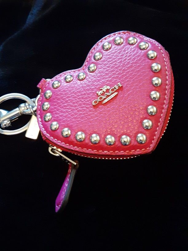 Coach Mini Heart-shaped Coin Pouch With Rivets Charm Keychain C E R I S E Pink