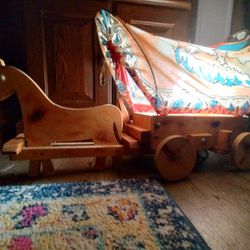 RARE 70's Wooden Hand Made Conestoga Wagon Lamp with American Indian Light Shade