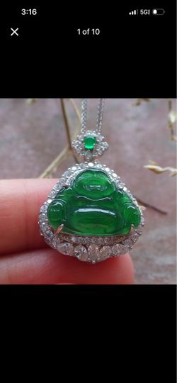 Certificate Sterling Silver 925 Jadeite Jade Grade A Icy Green laughing Buddha god Amulet pendant