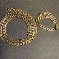 14k Gold Finish Flat Cuban Link Set