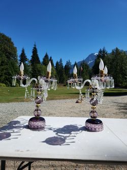 Vintage Bohemian Amethyst Cut Crystal 5-Light Candelabra Lamps – Pair