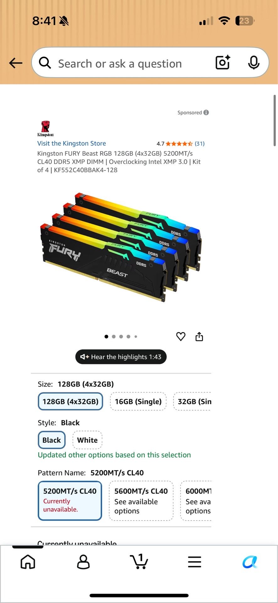 Kingston FURY Beast DDR5 128GB (4x32GB) 5600MT/s CL40