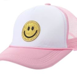 Fashion Smile Face Sequins Baseball Cap Printing Neon High Crown Foam Mesh Back Trucker Hat-for Men and Women

