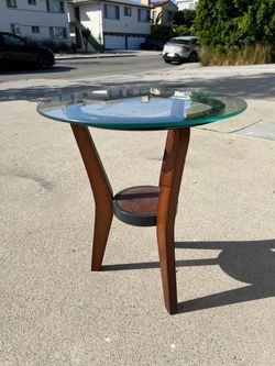 Round Glass Top Side Table with Wood Legs