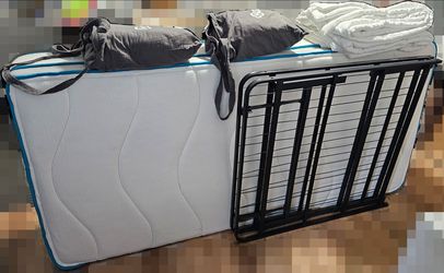 Twin XL mattress, frame, sheets, blanket