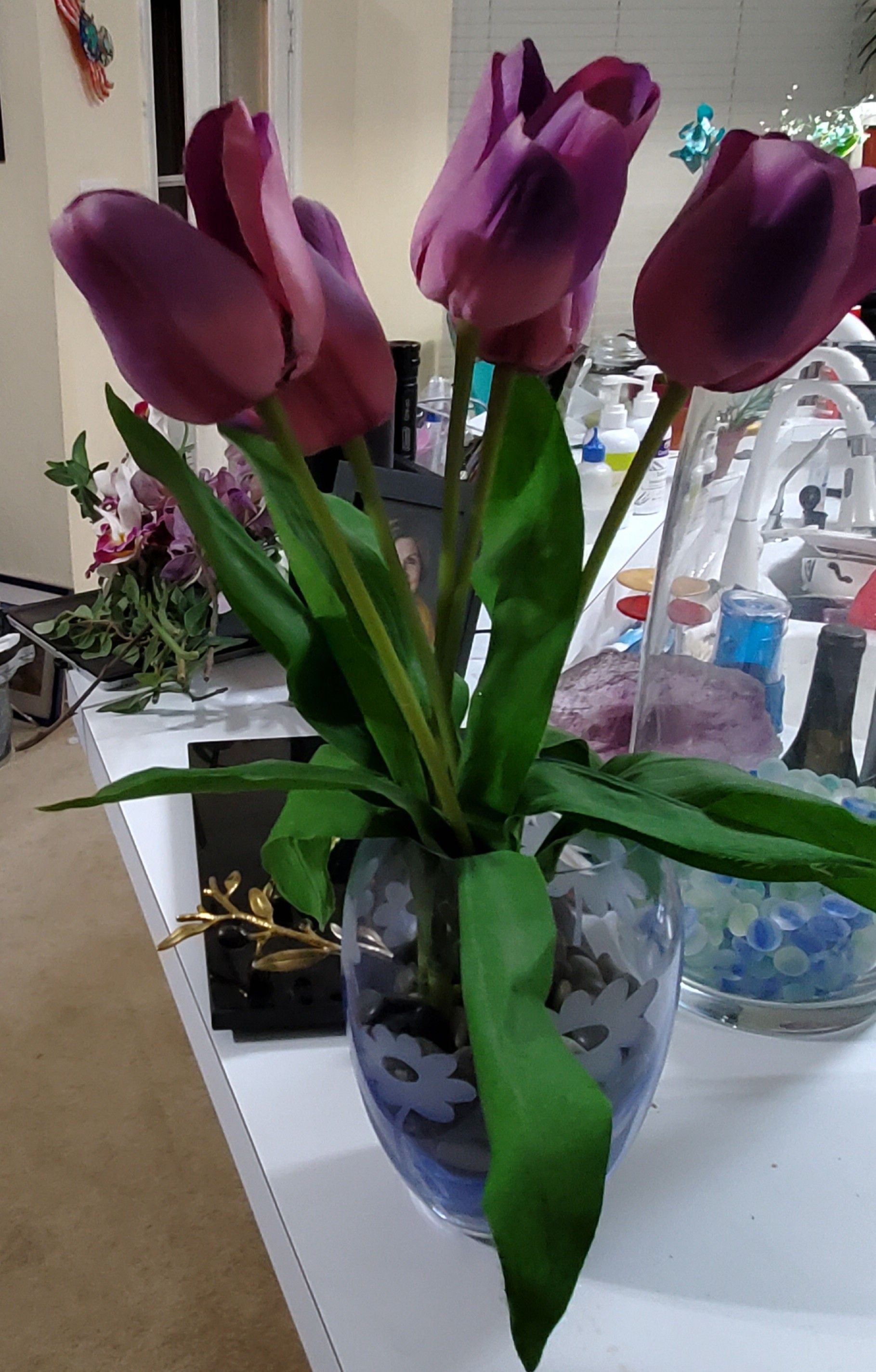 Purple tulips in a flower vase with river rock