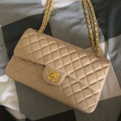 Designer Leather Bag ( Beige & Gold ) $350