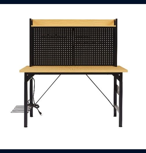 48''Adjustable Workbench with pegboard Heavy Duty Wooden Desktop Workbench with Wheels 1600 lb. Load Capacity Rolling Workbench with AC/USB Outlet