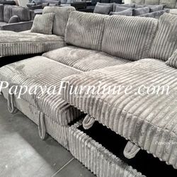 120” Sectional SofaBed TWO STORAGE CHAISE Pullout Sleeper Bed Grey Fabric Modern Discount Big SALE and Set Under seat Pull out Ashley Style Couch