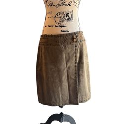 VS2 By Vakko Vintage Olive Studded Slit Suede Linen Skirt 