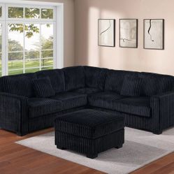 Brand New Black Corduroy Sectional Sofa w Ottoman 