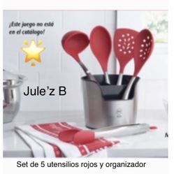 Princess House. Set De 5 Utensilios Rojos Y Organizador Nuevos En Sus Cajas No Se Venden Por Separado 