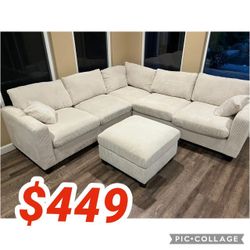 Ivory corduroy sectional sofa with ottoman  // Super Sale !