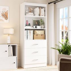  71 Inches Bookshelf with Drawers, Wooden Bookcase with Open Shelves, 6-Tier Tall Storage Cabinet Book Shelf Storage Organizer for Living Room, Home O