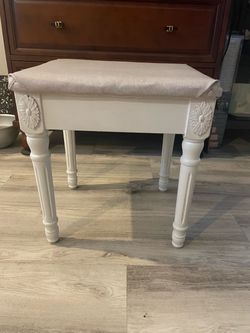 White Wood Vanity Stool with Upholstered Seat