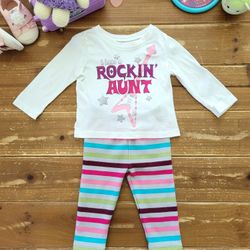 6-12MOS 2-PIECE OUTFIT WHITE 'I HAVE A ROCKIN' AUNT' LIGHTWEIGHT LONG-SLEEVE W/MULTICOLOR LEGGING FLEECE LINED