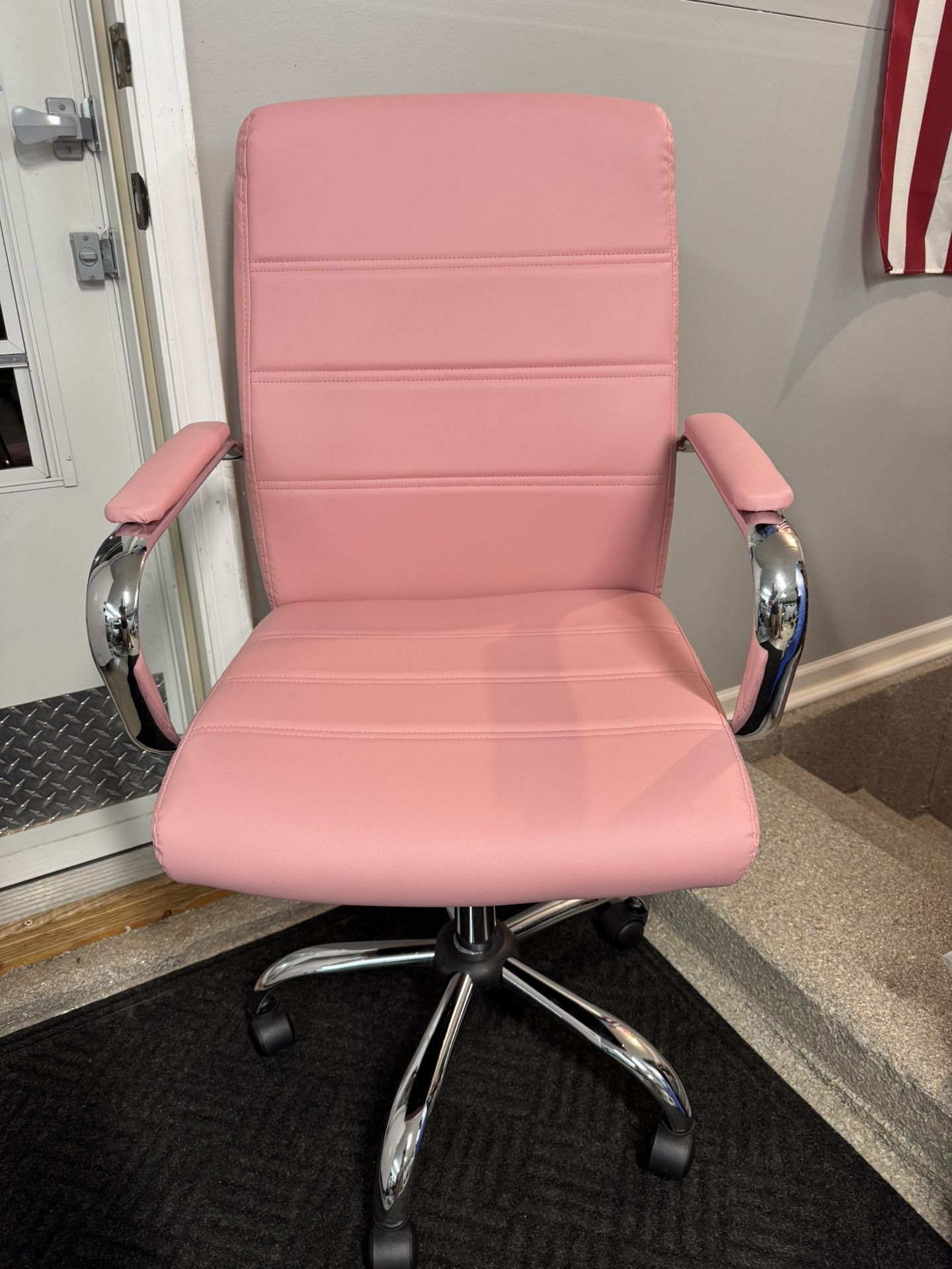Brand New Pink Vegan Leather/Chrome Height Adjustable Reclining Office Chair