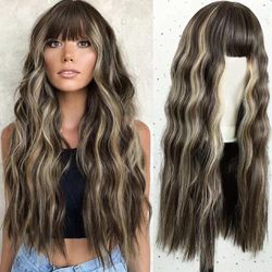 Human hair blend ash brown with blonde highlights wig with bang