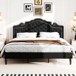 King Size Platform Bed Frame with Velvet Adjustable Tiara Curved Headboard and High Resilience, Upholstered Diamond Button Tufted with Wood Slats/No B
