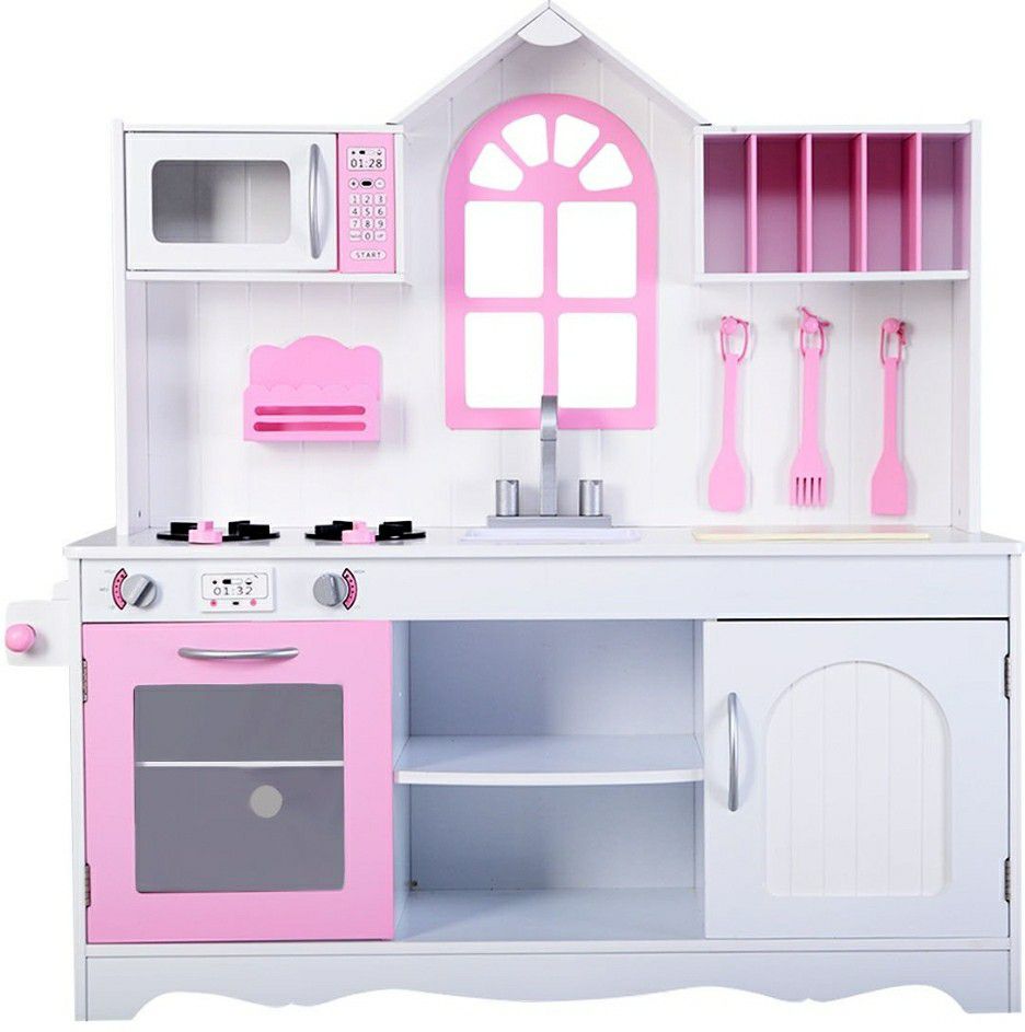 Kids wood kitchen play set pink and white