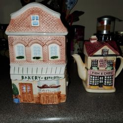 Vintage Bakery Cookie Jar With Matching Fish And Chips  Teapot